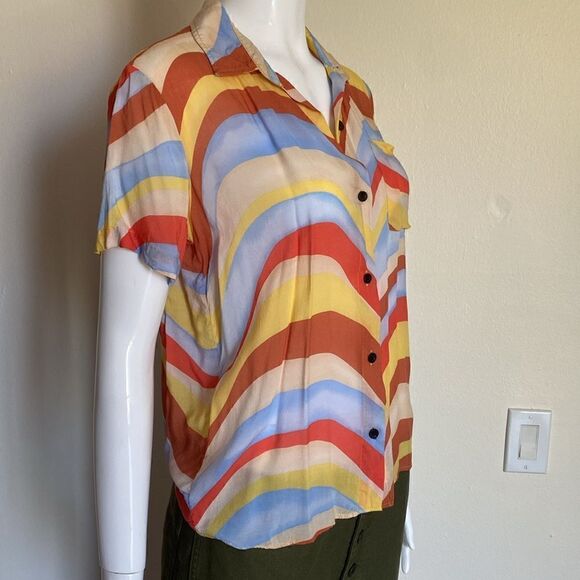 Solid and Striped Blue Orange and Cream Retro Wave 70's Style Button Down Shirt - Picture 8 of 14